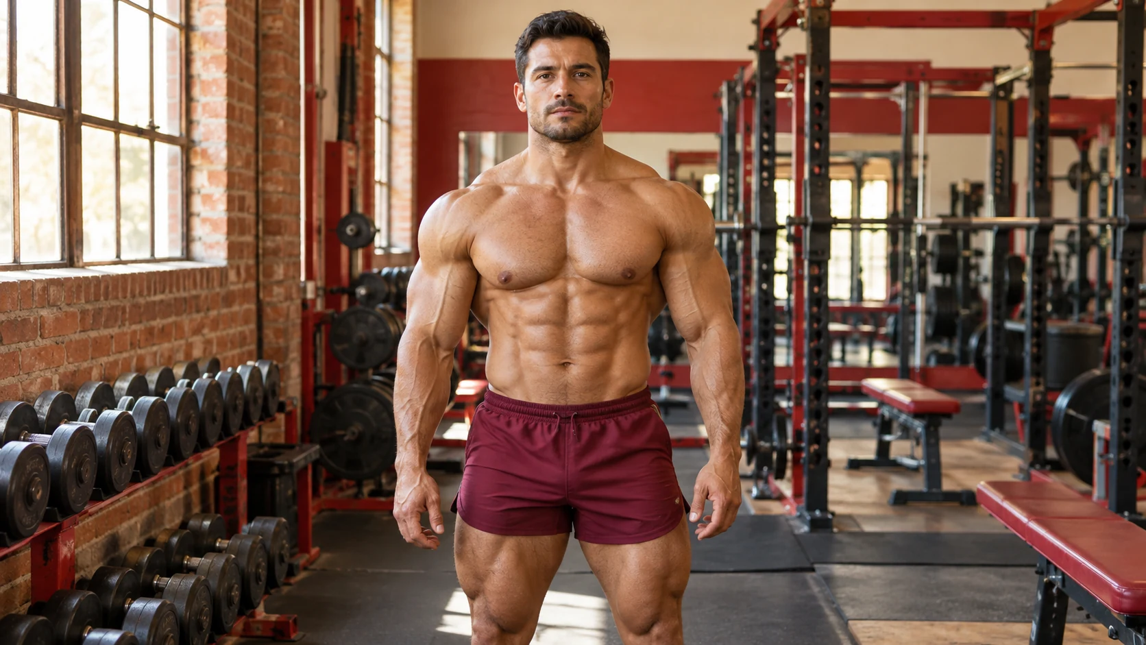 Fictional adult male bodybuilder in a gym, an original fitness illustration for Protein Tribune